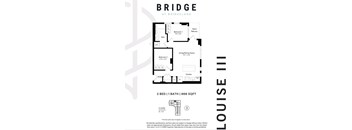 A floor plan for a property at Bridgeland shows two bedrooms, one bathroom, and a living/dining room.