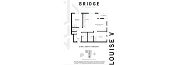 A floor plan for a two bedroom, two bathroom apartment at Bridgeland.