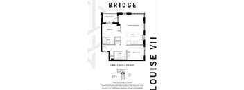 A black and white image of a floor plan for a two bedroom, two bathroom apartment.
