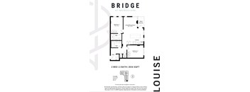 A floor plan for a two bedroom, two bathroom apartment at Bridgeland.