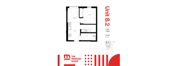 A black and white image of a floor plan for a unit with the title "Unit B.2" in red.