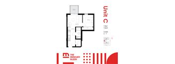 A floor plan for a unit C shows a bedroom, a bathroom, a living room, a kitchen, and a dining area.