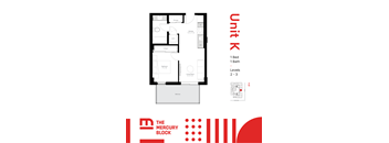A floor plan for a unit with a bedroom, bathroom, and living room.