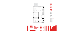 A floor plan for a unit with a bedroom, living room, kitchen, and bathroom.