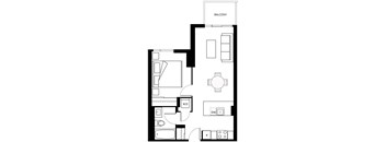 A floor plan of a house with a balcony, a bathroom, and a kitchen.