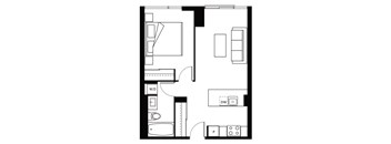 A floor plan of a house with a kitchen, living room, and bathroom.