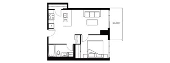 A black and white drawing of a house layout with a balcony.