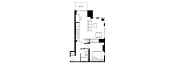 A floor plan of a balcony with labeled rooms and furniture.