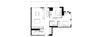 A black and white floor plan of a balcony with labeled rooms.