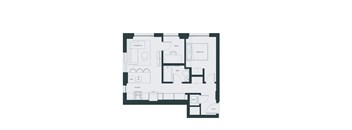 A floor plan of a house with a living room, kitchen, office, and two bedrooms.