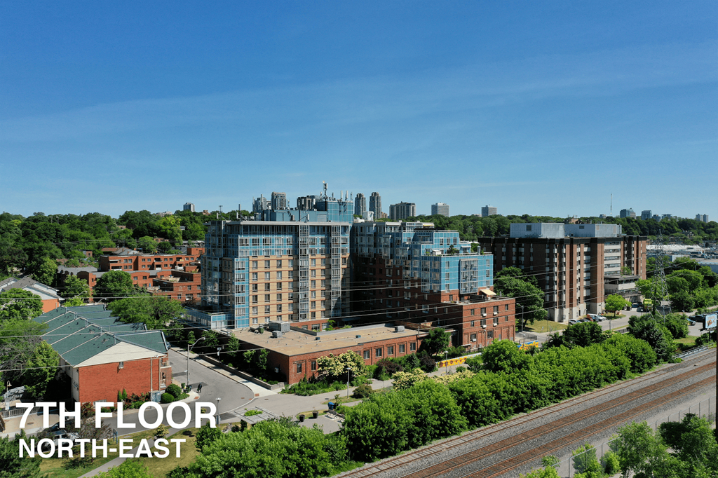 A view of a cityscape with a railway track running through it.