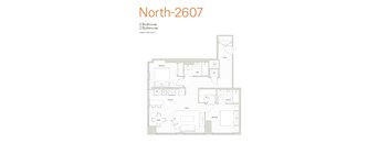 A floor plan of a North-2607 apartment with two bedrooms and two bathrooms.