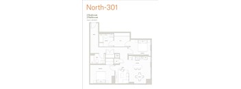 A floor plan of a North-301 apartment with two bedrooms and two bathrooms.