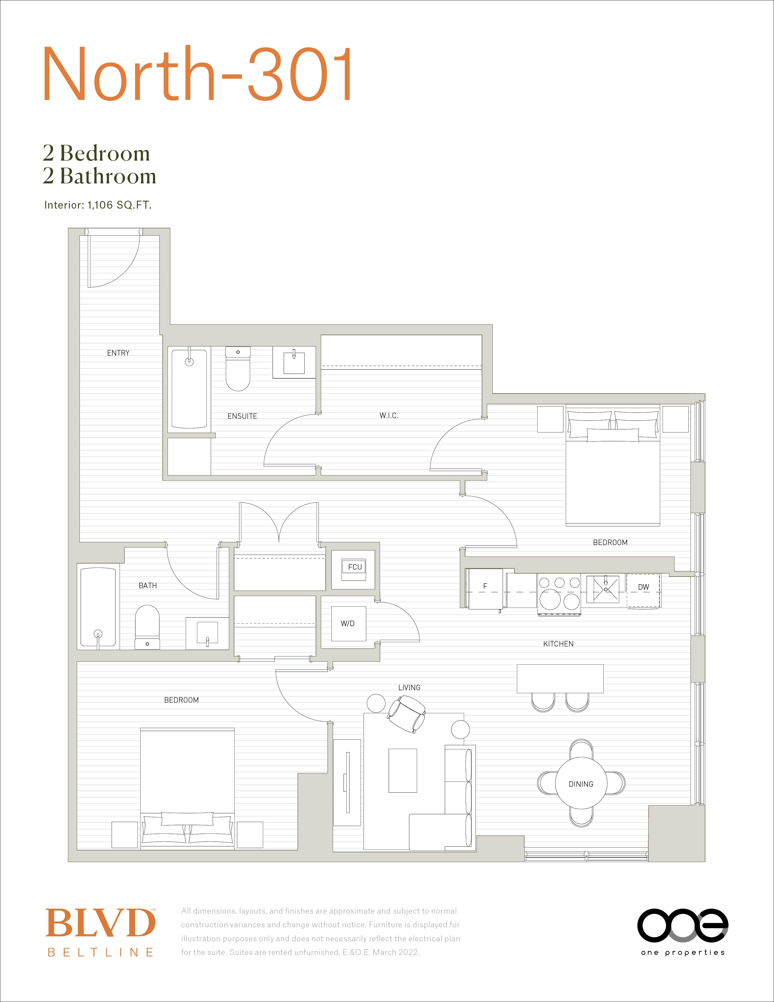 A floor plan for a property at North-301 shows a 2 bedroom and 2 bathroom interior.