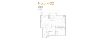 A floor plan of a North-402 apartment with 2 bedrooms and 2 bathrooms.