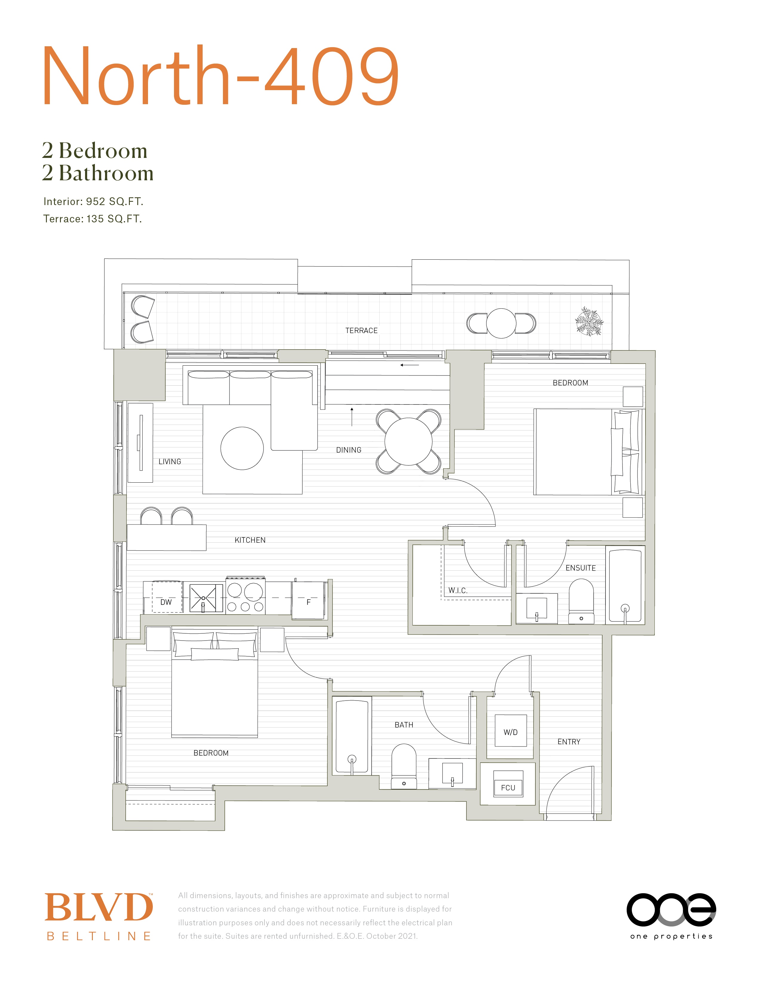 A floor plan for a property at North-409 shows a 2 bedroom and 2 bathroom layout.