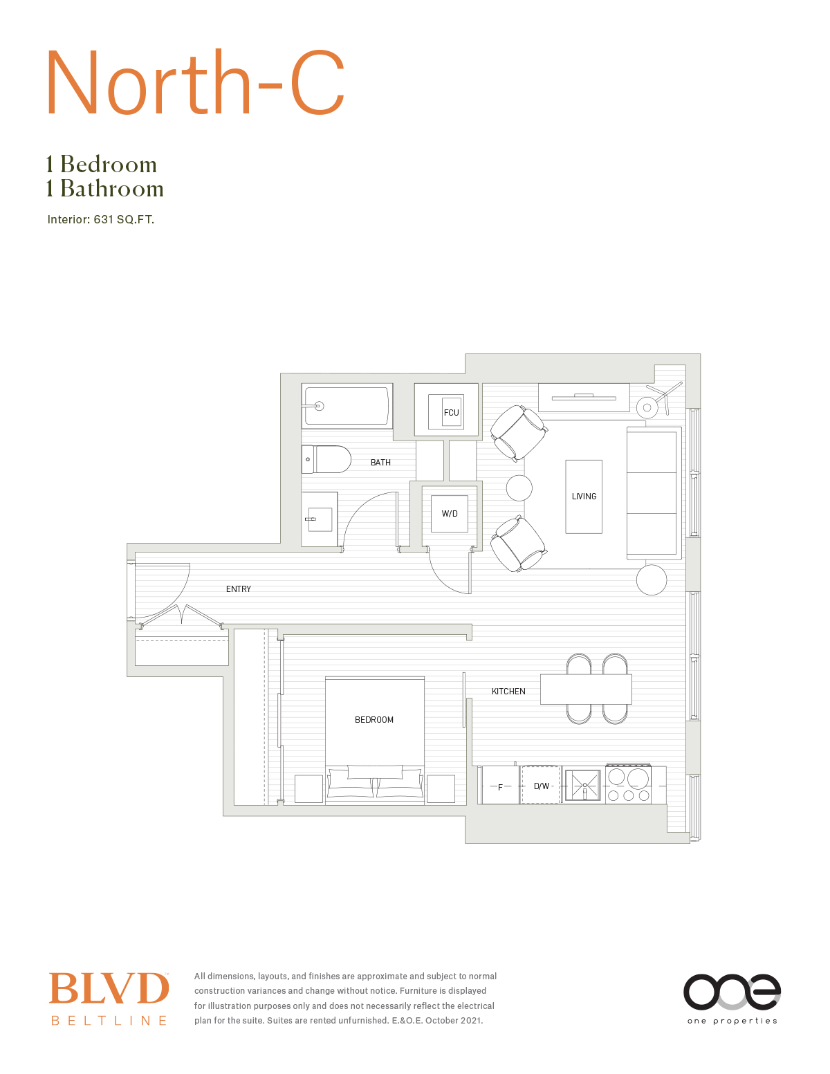 A floor plan for a property named North-C with one bedroom and one bathroom.