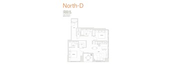 A floor plan of a North-D apartment with 2 bedrooms and 2 bathrooms.