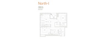 A floor plan of a North-I apartment with 2 bedrooms and 2 bathrooms.