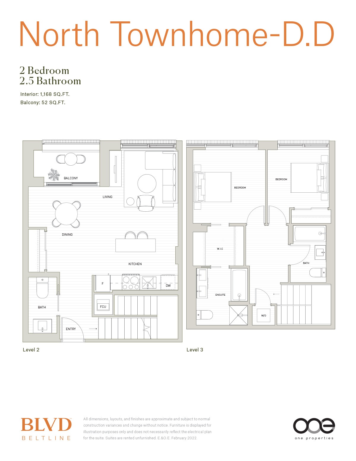 A floor plan for a North Townhome-D.D. with two bedrooms and two and a half bathrooms.