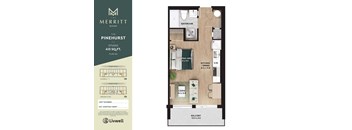 A floor plan for a studio apartment at The Merritt by Livwell.
