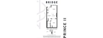 Floor plan for a one bedroom, one bathroom apartment.