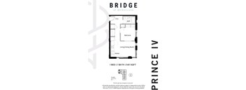 A floor plan for a one bedroom, one bathroom apartment at Bridgeland.