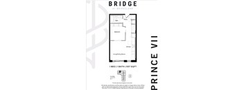 A floor plan for a one bedroom, one bathroom apartment at Bridge at Bridgeland.