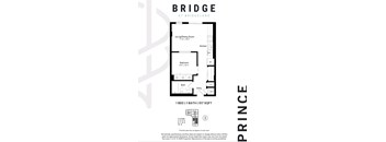 A floor plan for a 1 bedroom 1 bathroom apartment at Bridge Land.