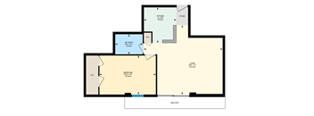 A floor plan of a house with a living room, kitchen, bathroom, and balcony.