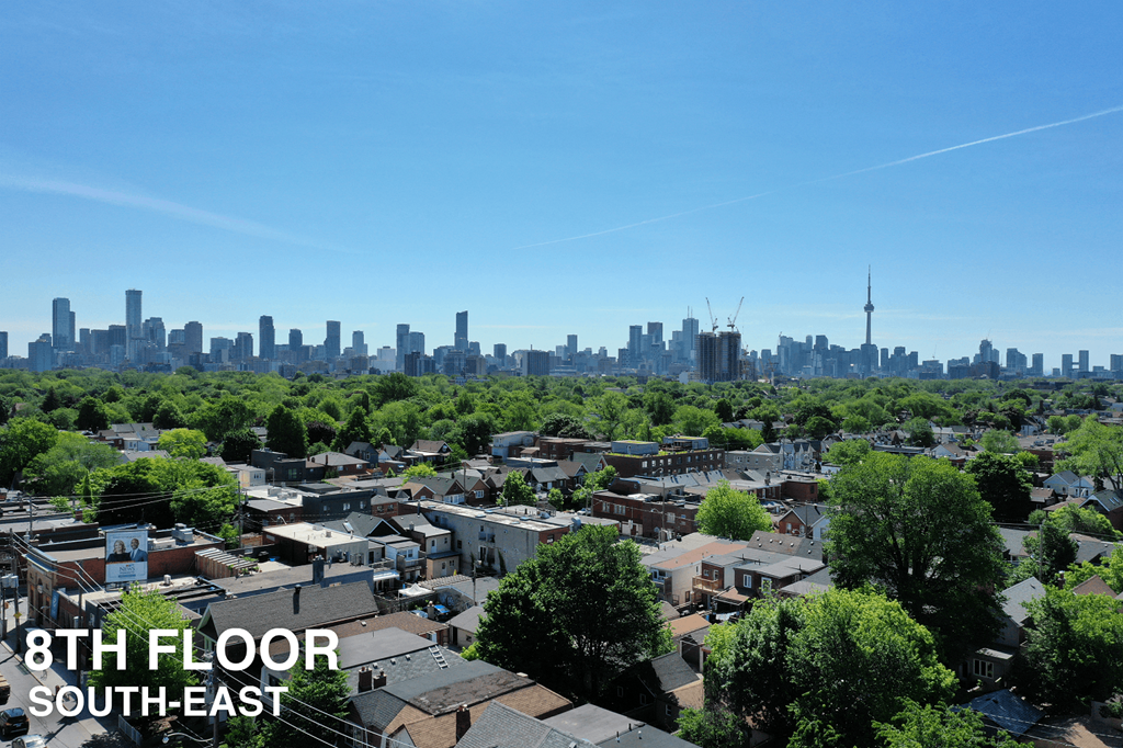 A view of a city from the 8th floor of a building.