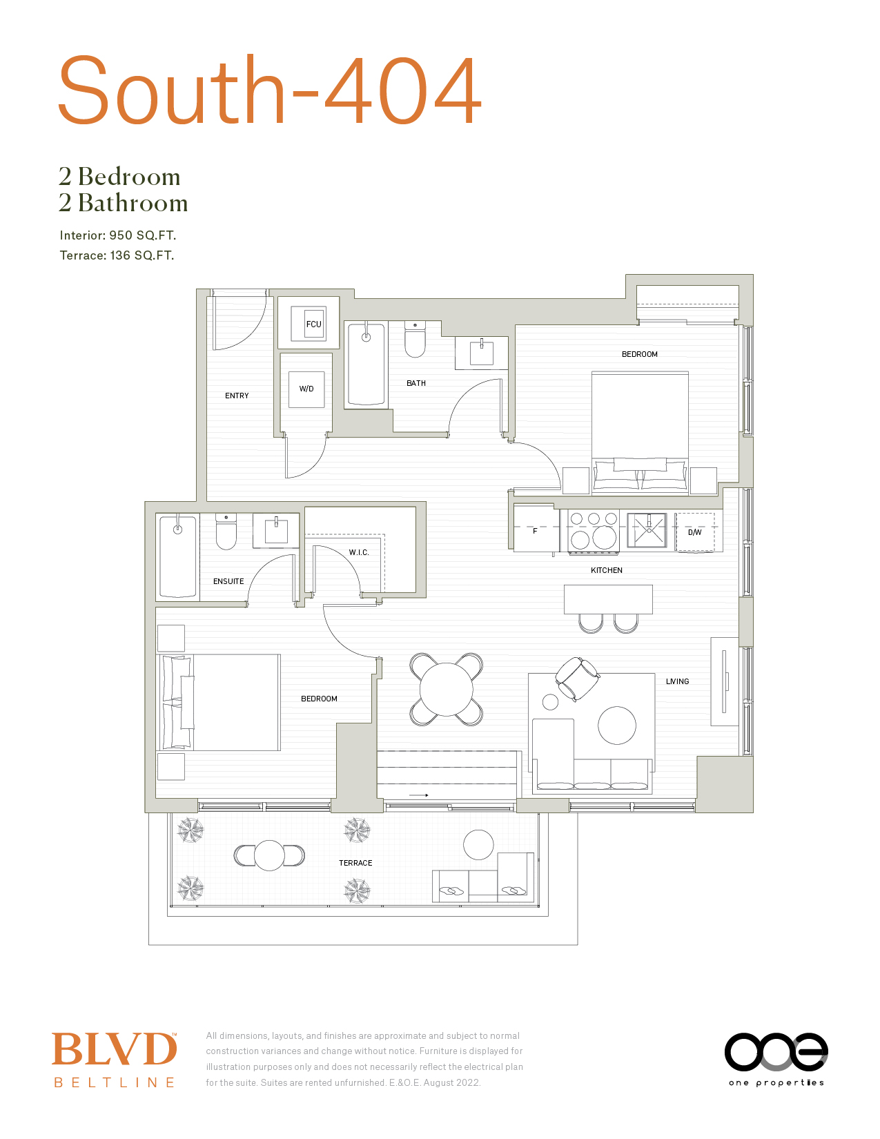 A floor plan for an apartment at South-404 showing two bedrooms and two bathrooms.
