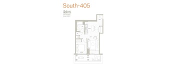 A floor plan of a one bedroom, one bathroom apartment.