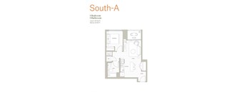 A floor plan of a one bedroom, one bathroom apartment.