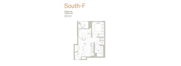 A floor plan of a South-F apartment with 1 bedroom and 1 bathroom.