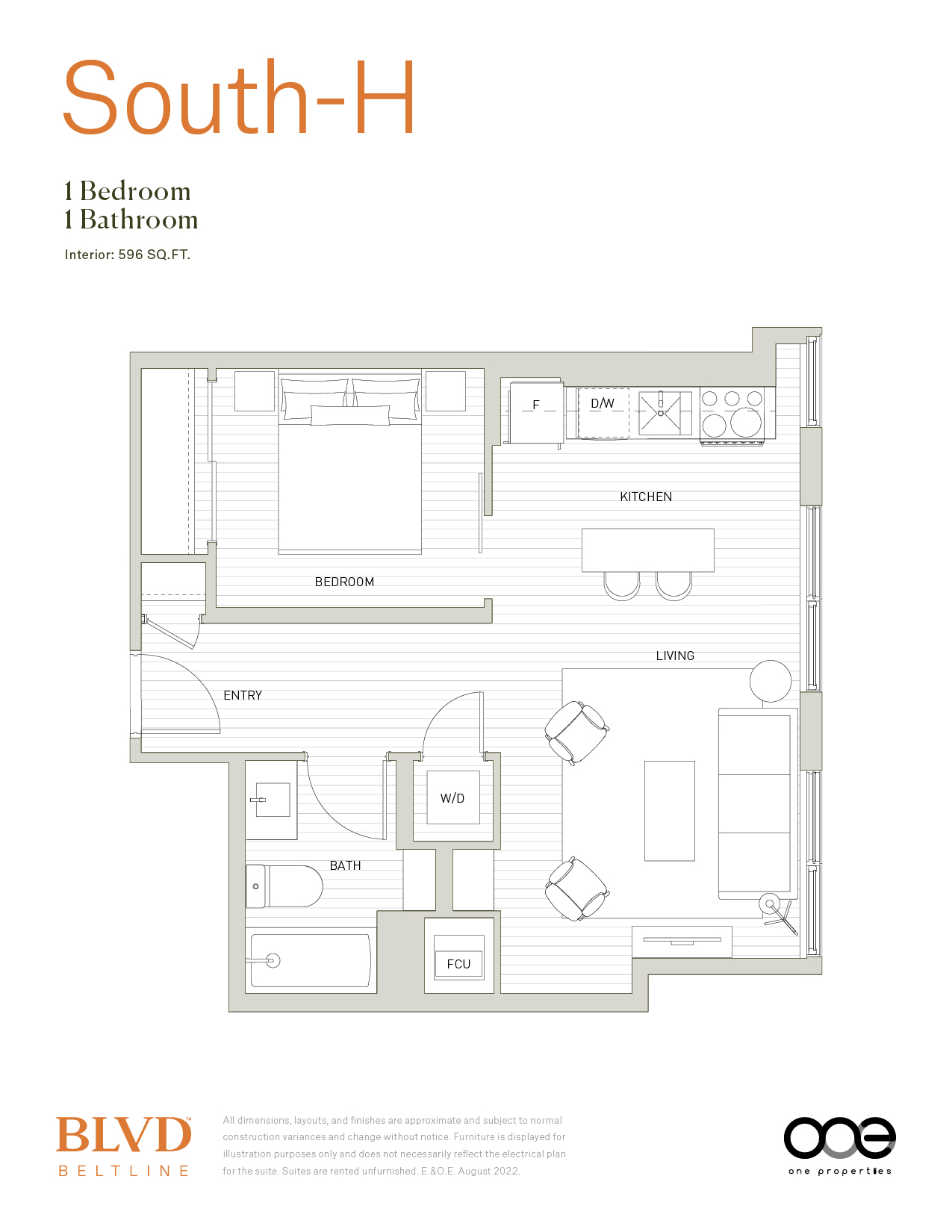 A floor plan of a South-H apartment with one bedroom and one bathroom.