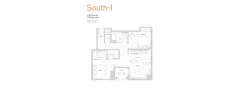 A floor plan of a South-I apartment with two bedrooms and two bathrooms.