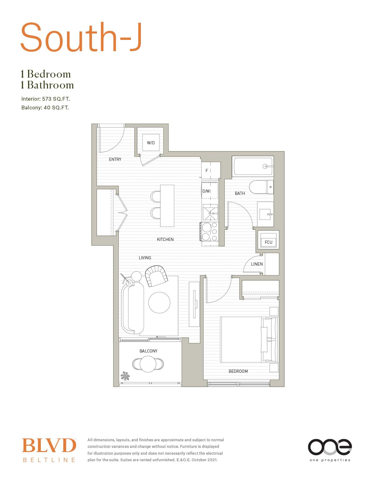 A floor plan for a 1 bedroom 1 bathroom apartment.