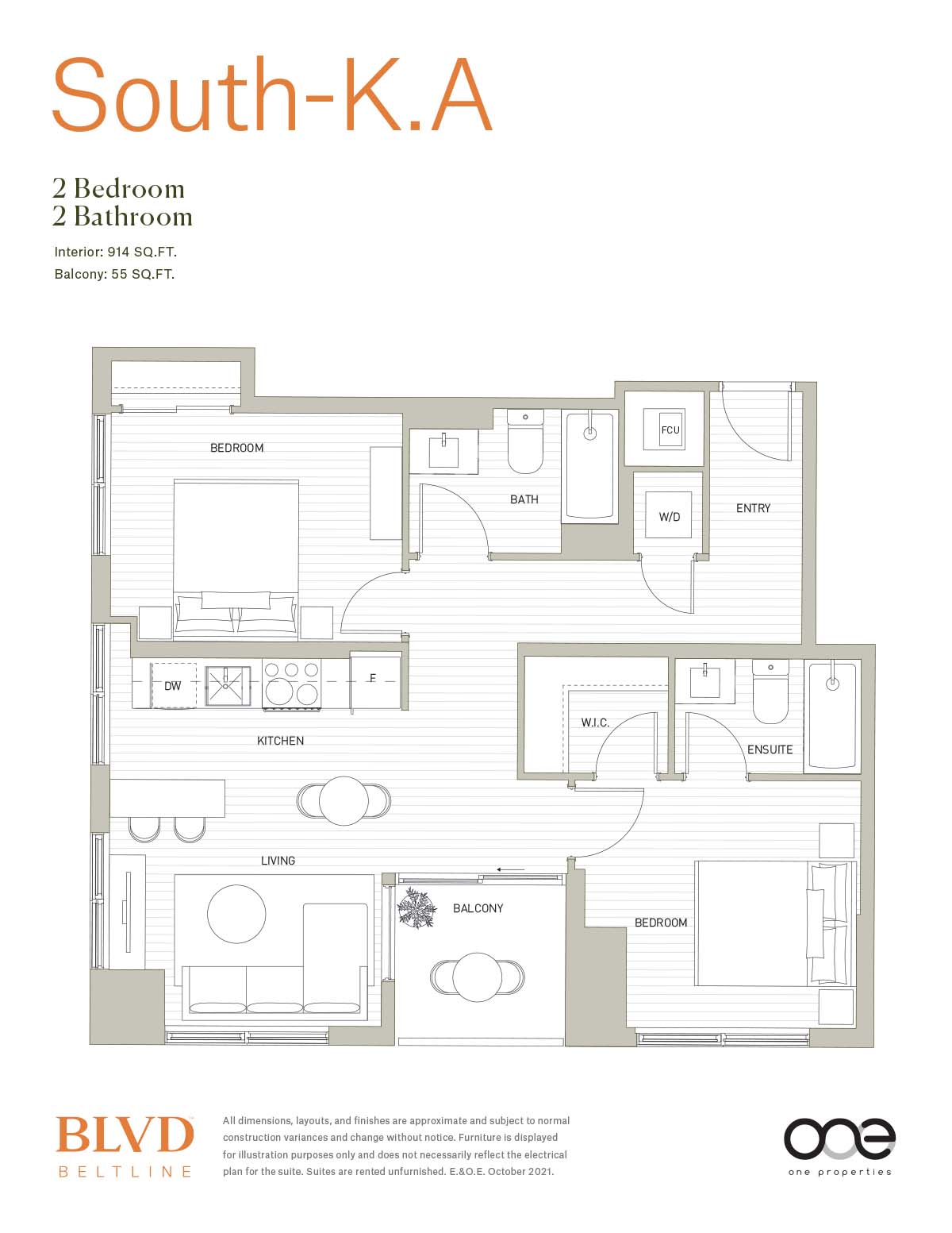 A floor plan for an apartment at South-K.A with two bedrooms and two bathrooms.