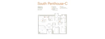 A floor plan of a South Penthouse with 2 bedrooms and 2 bathrooms.