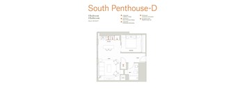 A floor plan of a South Penthouse-D with a kitchen, living room, and bathroom.