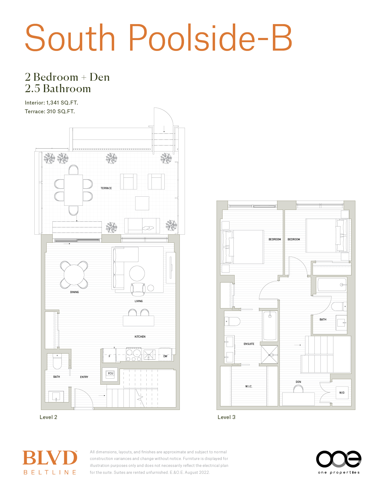 A floor plan for a 2 bedroom plus den with a 2.5 bathroom.