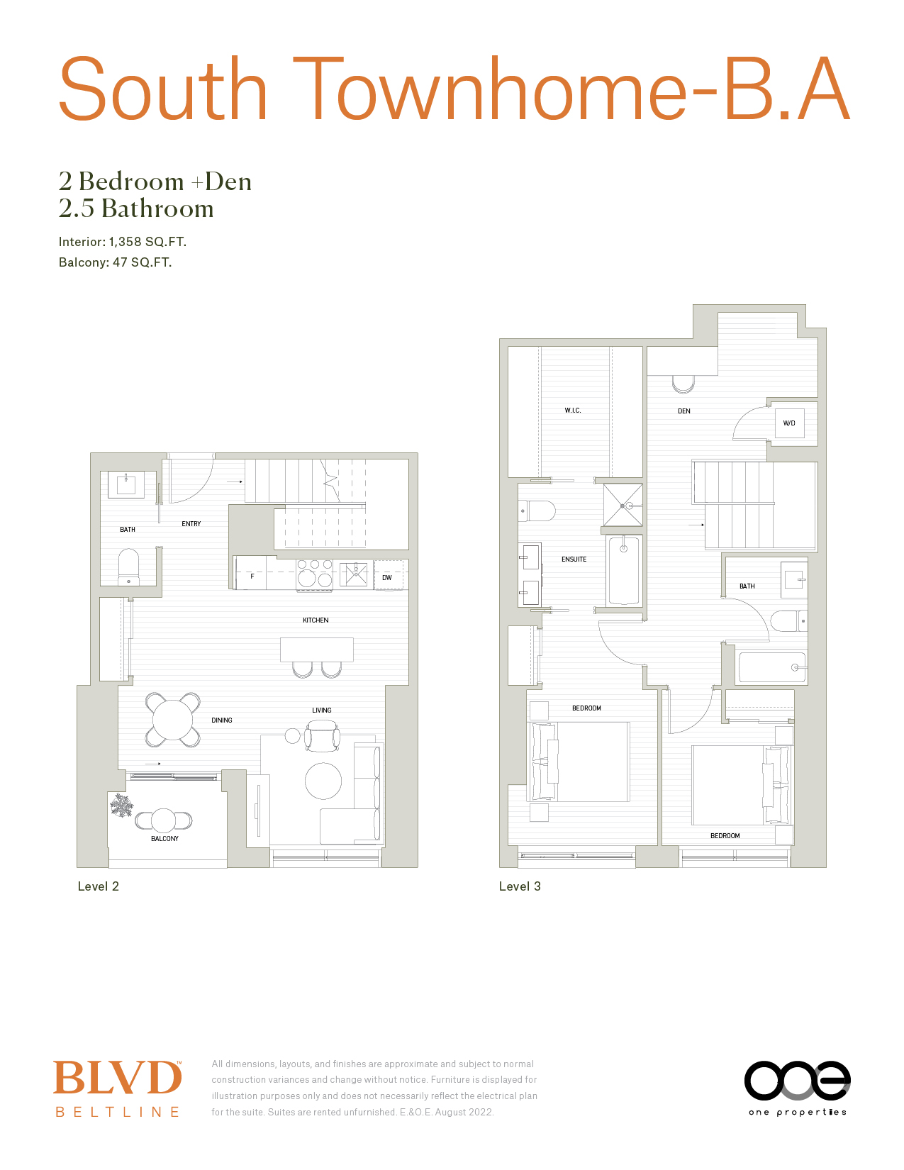 A floor plan for a two bedroom, two and a half bathroom apartment.