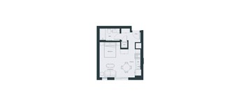 A floor plan of a house with a living room, kitchen, bedroom, and bathroom.