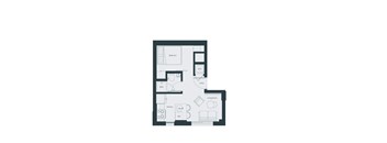 A floor plan of a house with a bedroom, bath, living room, kitchen, and a dining area.