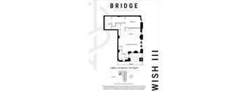 A floor plan for a one bedroom, one bathroom apartment at Bridgeland.