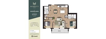 A floor plan for a 2 bedroom, 2 bathroom apartment at The Merritt by Liwell.