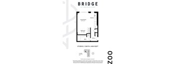 A floor plan for a studio apartment at Bridgeland shows a living room, kitchen, bedroom, bathroom, and entry.