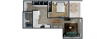 A floor plan of a house with a living room, kitchen, and two bedrooms.