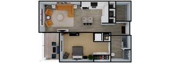 A top-down view of a living room with a couch, chair, and television.